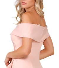 Terani Couture Off-the-Shoulder Short Sleeve Peplum Beaded Applique Mermaid Gown