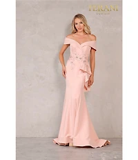 Terani Couture Off-the-Shoulder Short Sleeve Peplum Beaded Applique Mermaid Gown