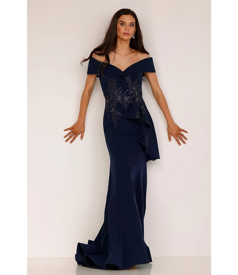 Terani Couture Off-the-Shoulder Short Sleeve Peplum Beaded Applique Mermaid Gown