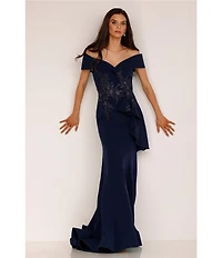 Terani Couture Off-the-Shoulder Short Sleeve Peplum Beaded Applique Mermaid Gown