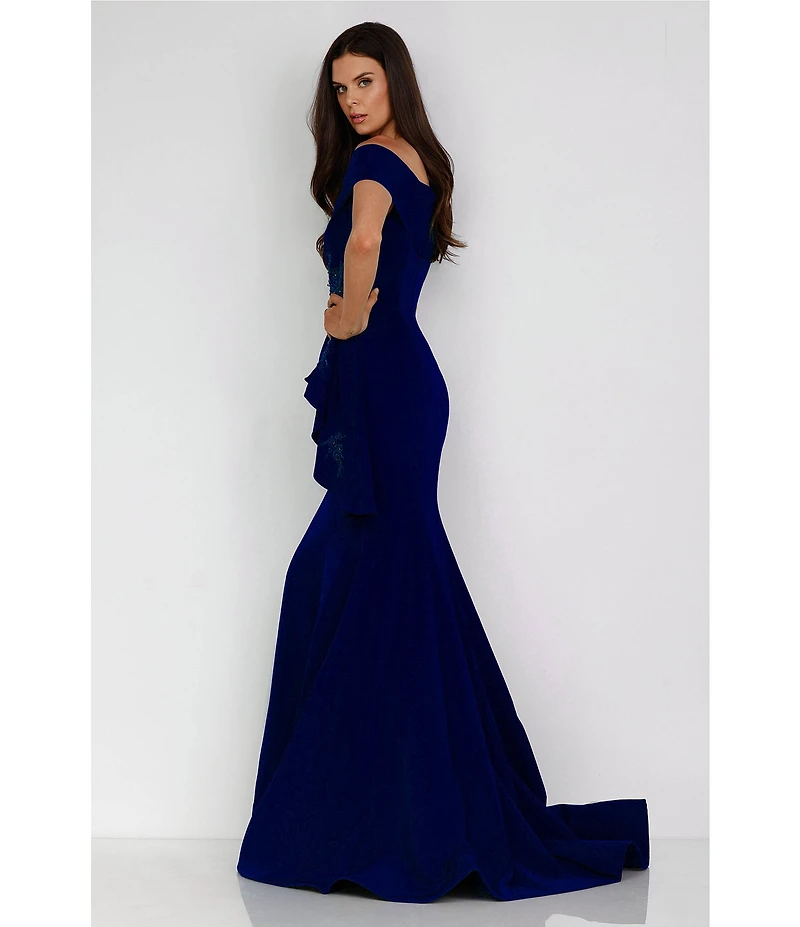 Terani Couture Off-the-Shoulder Short Sleeve Peplum Beaded Applique Mermaid Gown