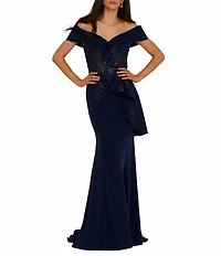 Terani Couture Off-the-Shoulder Short Sleeve Peplum Beaded Applique Mermaid Gown