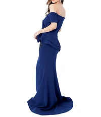 Terani Couture Off-The-Shoulder Short Sleeve Peplum Waist Mermaid Gown