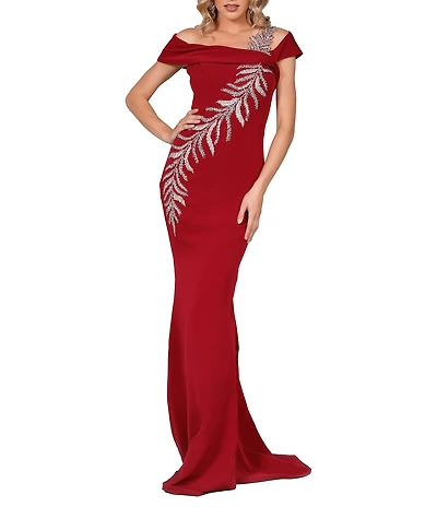 Terani Couture Off-the-Shoulder Short Sleeve Side Slit Cascading Leaf Bead Mermaid Gown