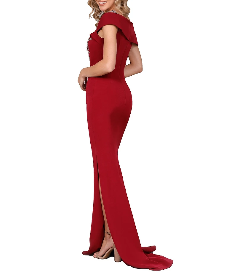 Terani Couture Off-the-Shoulder Short Sleeve Side Slit Cascading Leaf Bead Mermaid Gown