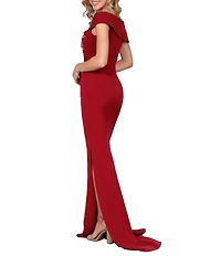 Terani Couture Off-the-Shoulder Short Sleeve Side Slit Cascading Leaf Bead Mermaid Gown