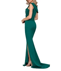 Terani Couture Off-the-Shoulder Short Sleeve Side Slit Cascading Leaf Bead Mermaid Gown