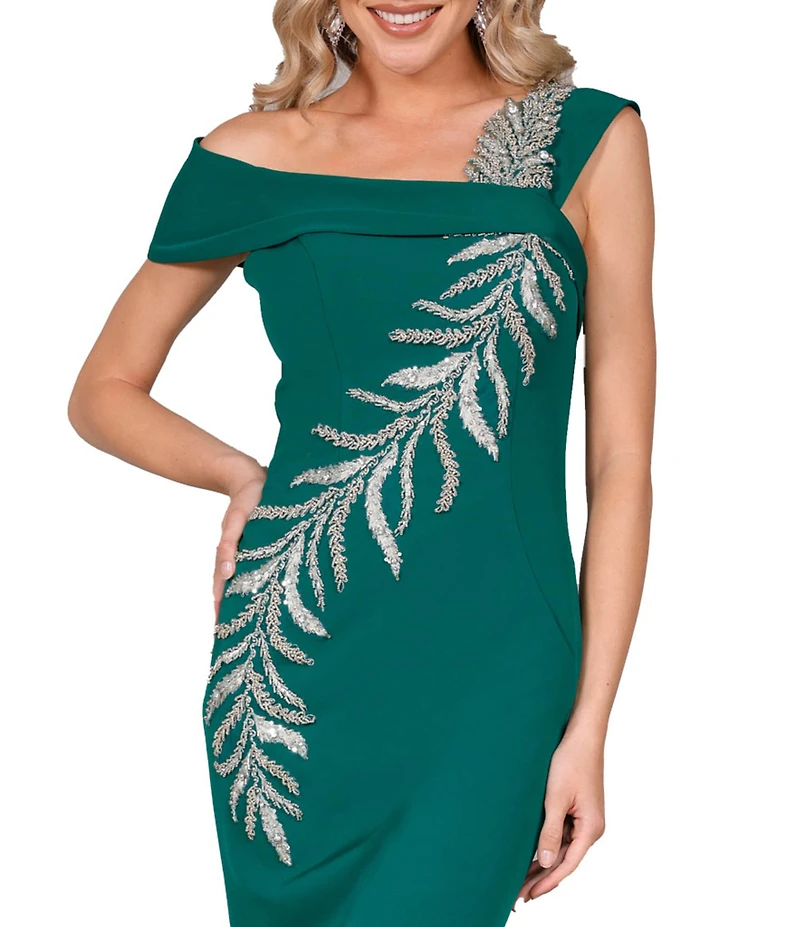 Terani Couture Off-the-Shoulder Short Sleeve Side Slit Cascading Leaf Bead Mermaid Gown