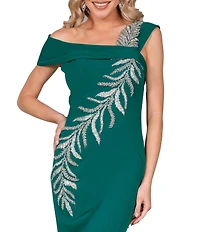 Terani Couture Off-the-Shoulder Short Sleeve Side Slit Cascading Leaf Bead Mermaid Gown