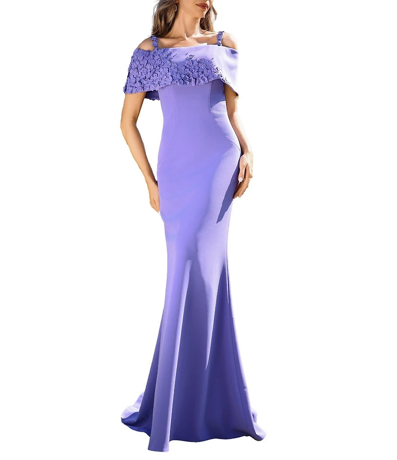 Terani Couture Off-The-Shoulder Shoulder 3D Applique Stretch Twill Gown