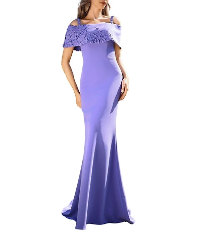 Terani Couture Off-The-Shoulder Shoulder 3D Applique Stretch Twill Gown