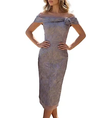 Terani Couture Off The Shoulder Shoulder Metallic Jacquard Midi Dress