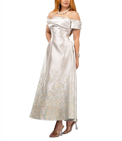 Terani Couture Off The Shoulder Side Pockets Brocade Tea Length Dress