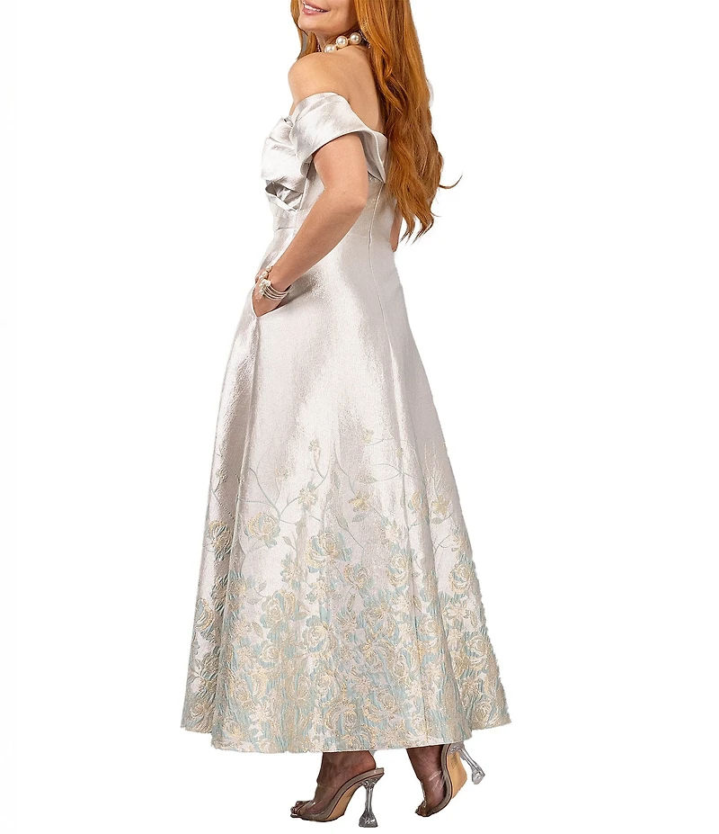 Terani Couture Off The Shoulder Side Pockets Brocade Tea Length Dress