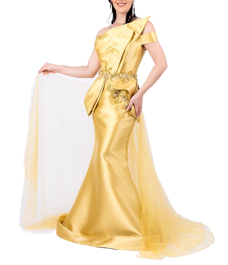 Terani Couture Off-the-Shoulder Tulle Overlay Skirt Mikado Mermaid Gown