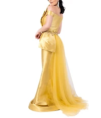 Terani Couture Off-the-Shoulder Tulle Overlay Skirt Mikado Mermaid Gown