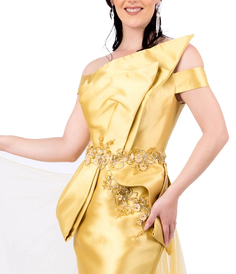 Terani Couture Off-the-Shoulder Tulle Overlay Skirt Mikado Mermaid Gown