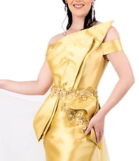 Terani Couture Off-the-Shoulder Tulle Overlay Skirt Mikado Mermaid Gown