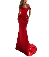 Terani Couture One Off-The-Shoulder Shimmer Sheath Gown