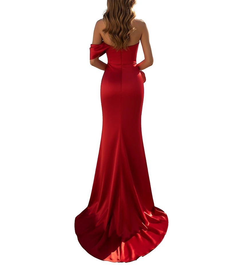 Terani Couture One Off-The-Shoulder Shimmer Sheath Gown