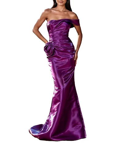 Terani Couture One Off-The-Shoulder Shimmer Sheath Gown