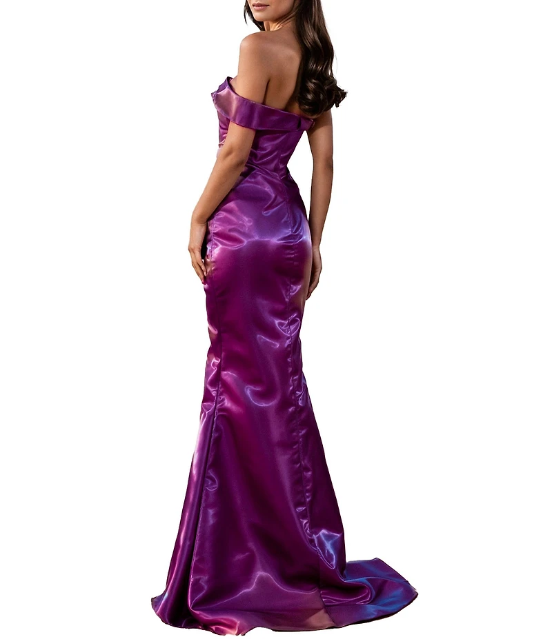 Terani Couture One Off-The-Shoulder Shimmer Sheath Gown