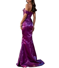 Terani Couture One Off-The-Shoulder Shimmer Sheath Gown