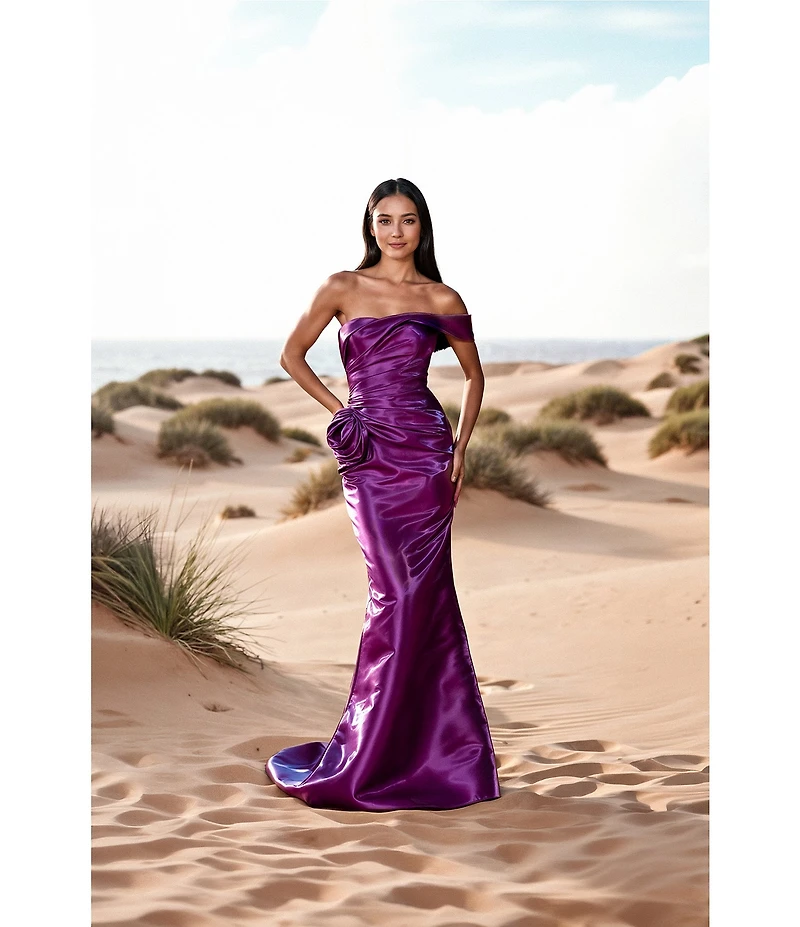 Terani Couture One Off-The-Shoulder Shimmer Sheath Gown