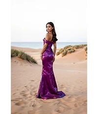Terani Couture One Off-The-Shoulder Shimmer Sheath Gown