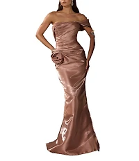 Terani Couture One Off-The-Shoulder Shimmer Sheath Gown