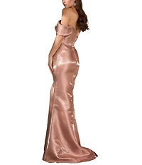 Terani Couture One Off-The-Shoulder Shimmer Sheath Gown