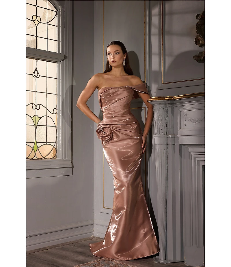 Terani Couture One Off-The-Shoulder Shimmer Sheath Gown
