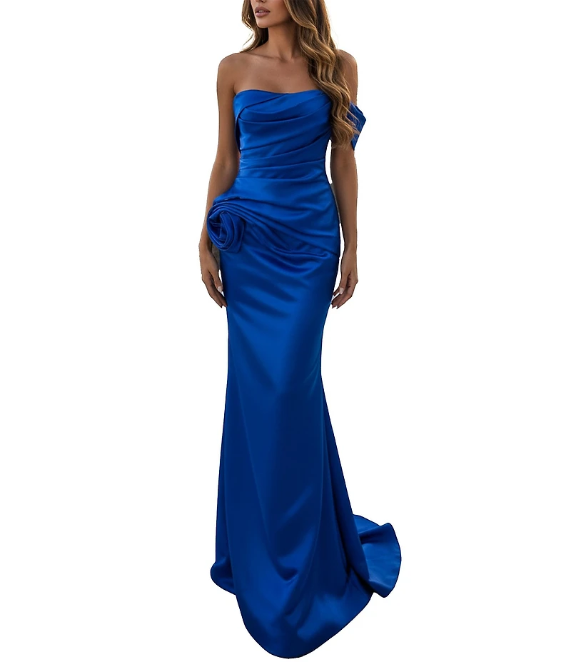 Terani Couture One Off-The-Shoulder Shimmer Sheath Gown