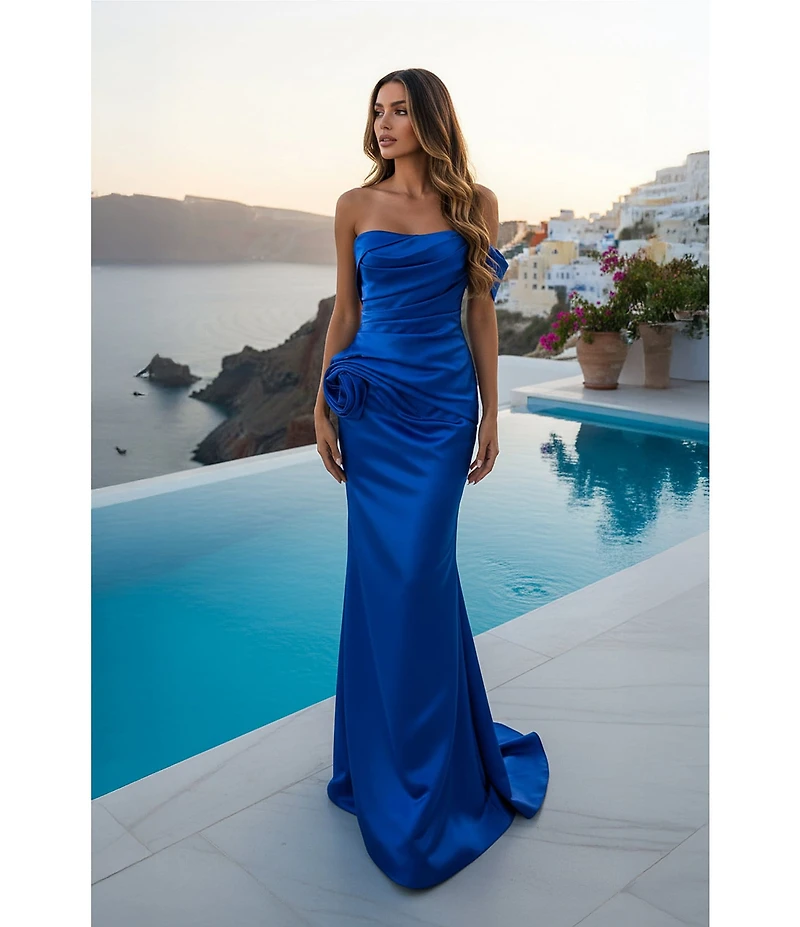 Terani Couture One Off-The-Shoulder Shimmer Sheath Gown