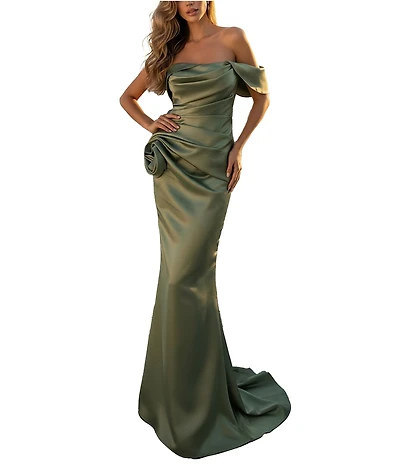 Terani Couture One Off-The-Shoulder Shimmer Sheath Gown