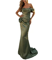 Terani Couture One Off-The-Shoulder Shimmer Sheath Gown