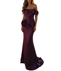 Terani Couture One Off-The-Shoulder Shimmer Sheath Gown