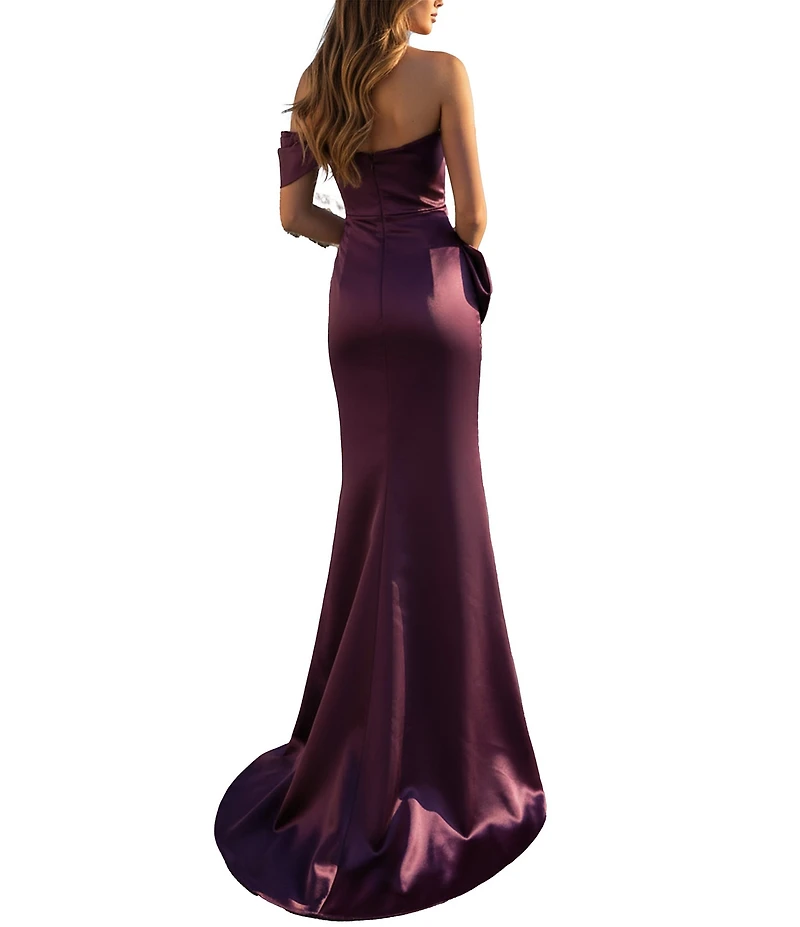 Terani Couture One Off-The-Shoulder Shimmer Sheath Gown
