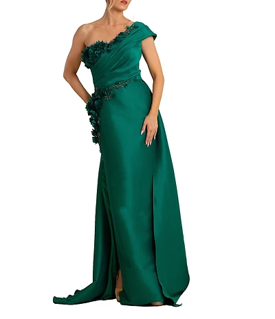 Terani Couture One Shoulder 3D Floral Applique Gown