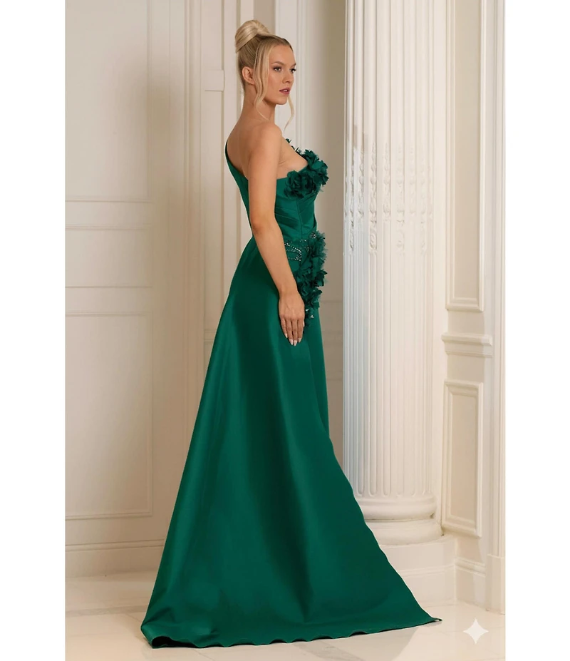 Terani Couture One Shoulder 3D Floral Applique Gown