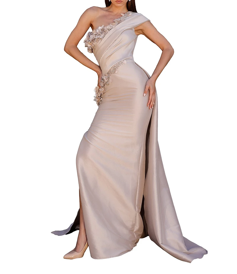 Terani Couture One Shoulder 3D Floral Applique Gown