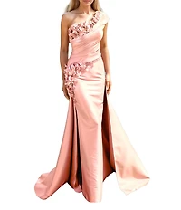 Terani Couture One Shoulder 3D Floral Applique Gown