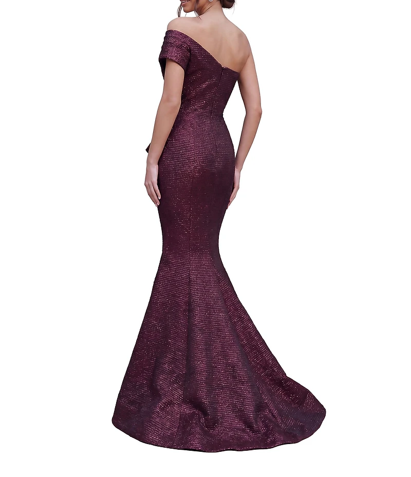Terani Couture One Shoulder 3D Ruffle Front Front Jacquard Mermaid Gown