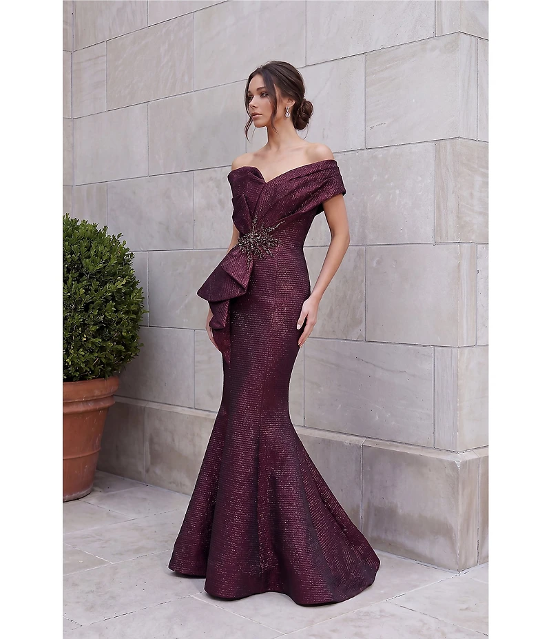 Terani Couture One Shoulder 3D Ruffle Front Front Jacquard Mermaid Gown
