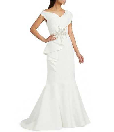 Terani Couture One Shoulder 3D Ruffle Front Front Jacquard Mermaid Gown