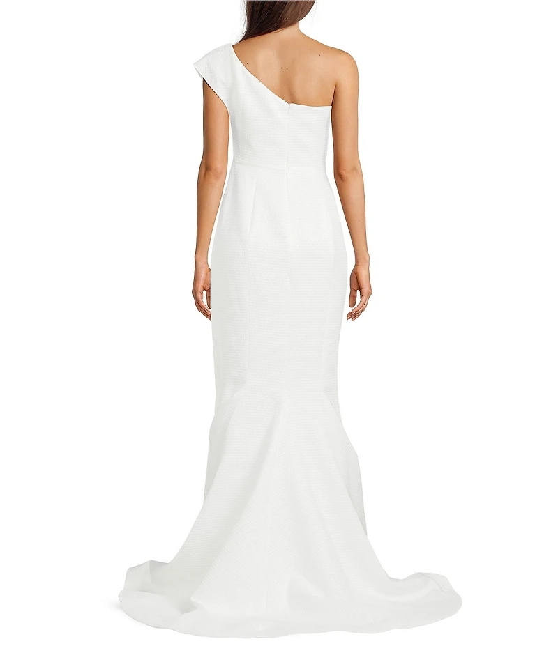 Terani Couture One Shoulder 3D Ruffle Front Front Jacquard Mermaid Gown