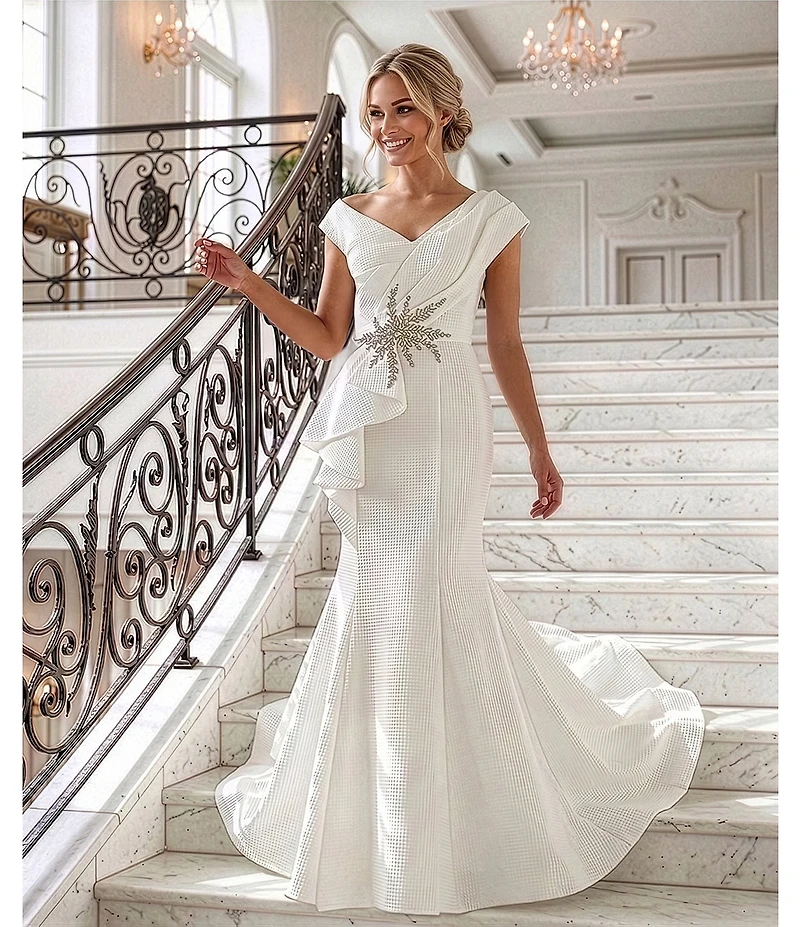 Terani Couture One Shoulder 3D Ruffle Front Front Jacquard Mermaid Gown