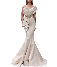 Terani Couture One Shoulder 3D Ruffle Front Front Jacquard Mermaid Gown