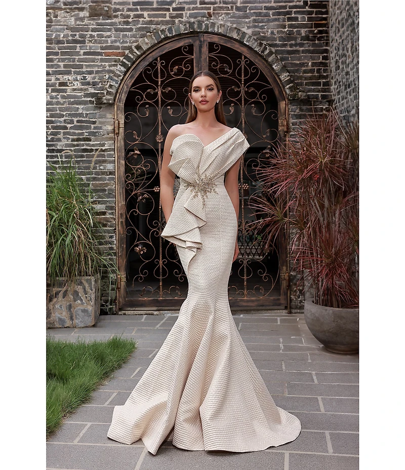 Terani Couture One Shoulder 3D Ruffle Front Front Jacquard Mermaid Gown