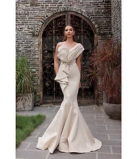 Terani Couture One Shoulder 3D Ruffle Front Front Jacquard Mermaid Gown